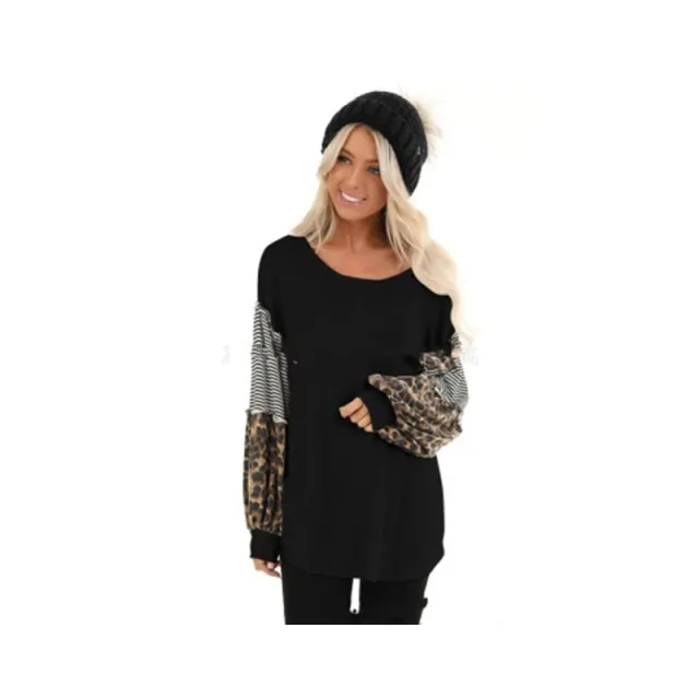 Women's Leopard Print Mixed Color Stripe Round Neck Bubble Long Sleeve T shirt Leopard - Shop at LoveMi