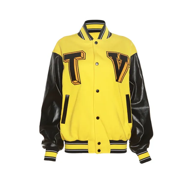 Street Embroidered Patchwork Loose Casual Baseball Jacket Yellow - Shop at LoveMi
