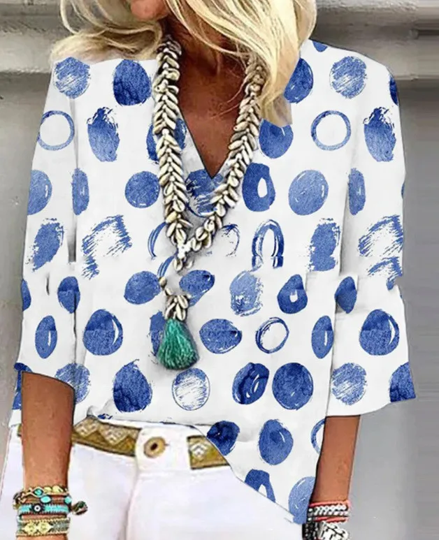Ethnic Style V Neck Printed Women's Casual Shirt White - Shop at LoveMi
