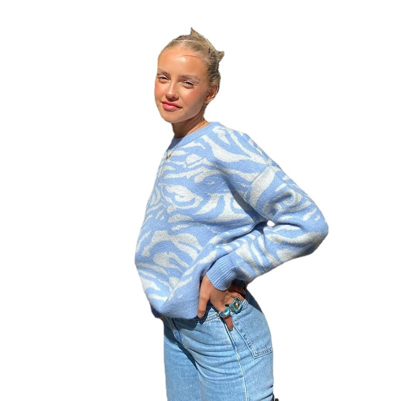 Fashionable Animal Pattern Loose Round Neck Long Sleeve Pullover Knit