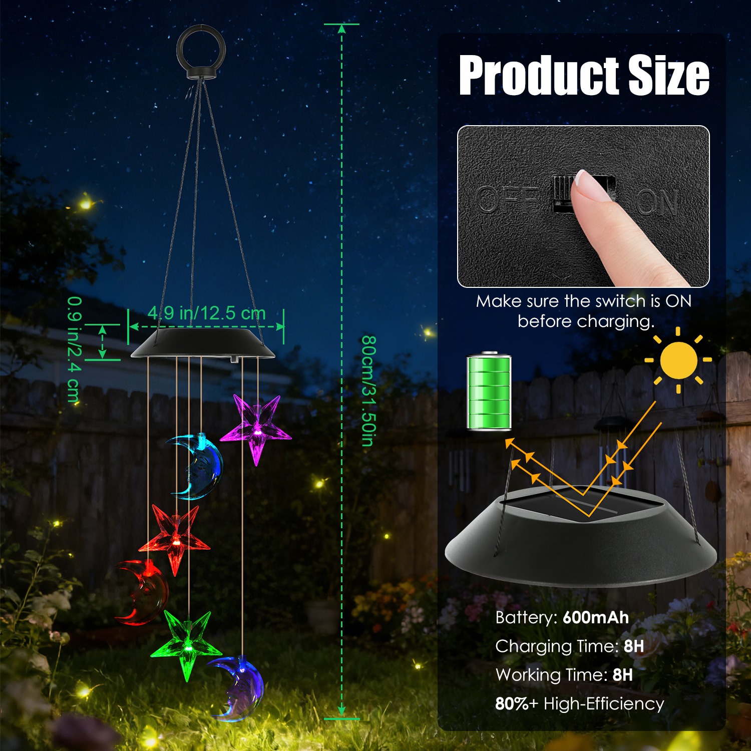 1Pc 2Pc Quantity Options Solar Moon And Star Wind Chime 7 Color Changing Wind Chime For Outside IPX4 Waterproof Outdoor Garden Yard Decor — foto 11