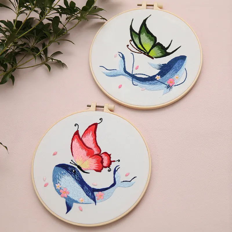 Embroidered Diy Materials Pack Whale with Butterfly Handmade Hanging