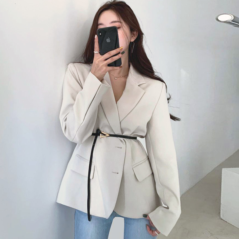 Women's Waist Long Sleeve Short Suit Jacket With Belt