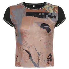 Sense Of Personality Contrast Printed Tight-fitting Short-sleeved T-shirt - Brown - View 1