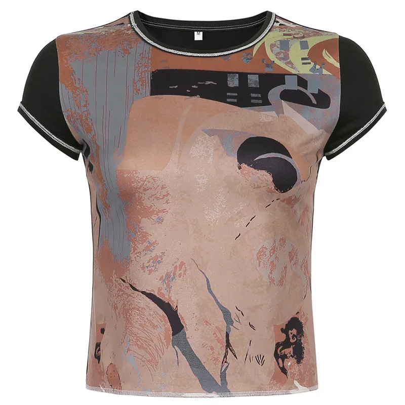 Sense Of Personality Contrast Printed Tight-fitting Short-sleeved T-shirt - Brown