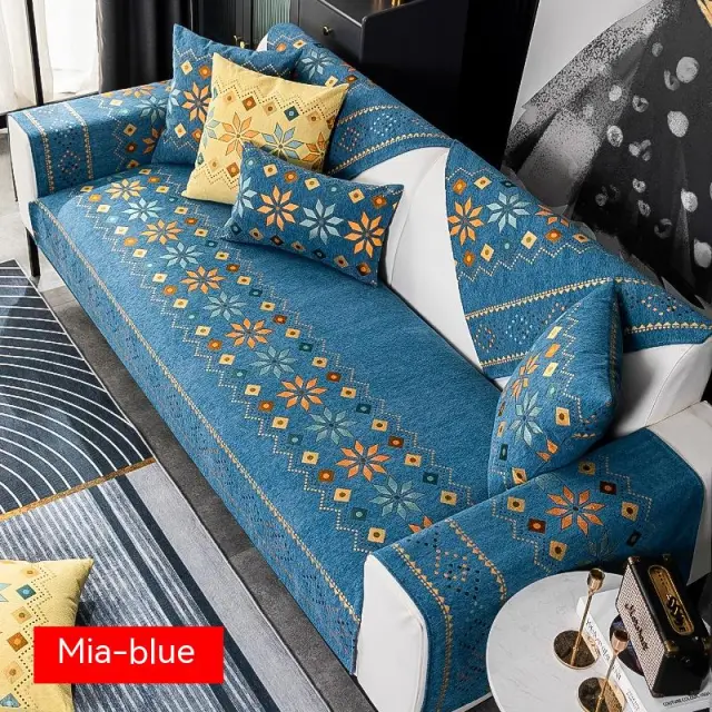 Bohemian Sofa Cushion Four Seasons Universal Chenille Non slip Cover Blue - Shop at LoveMi