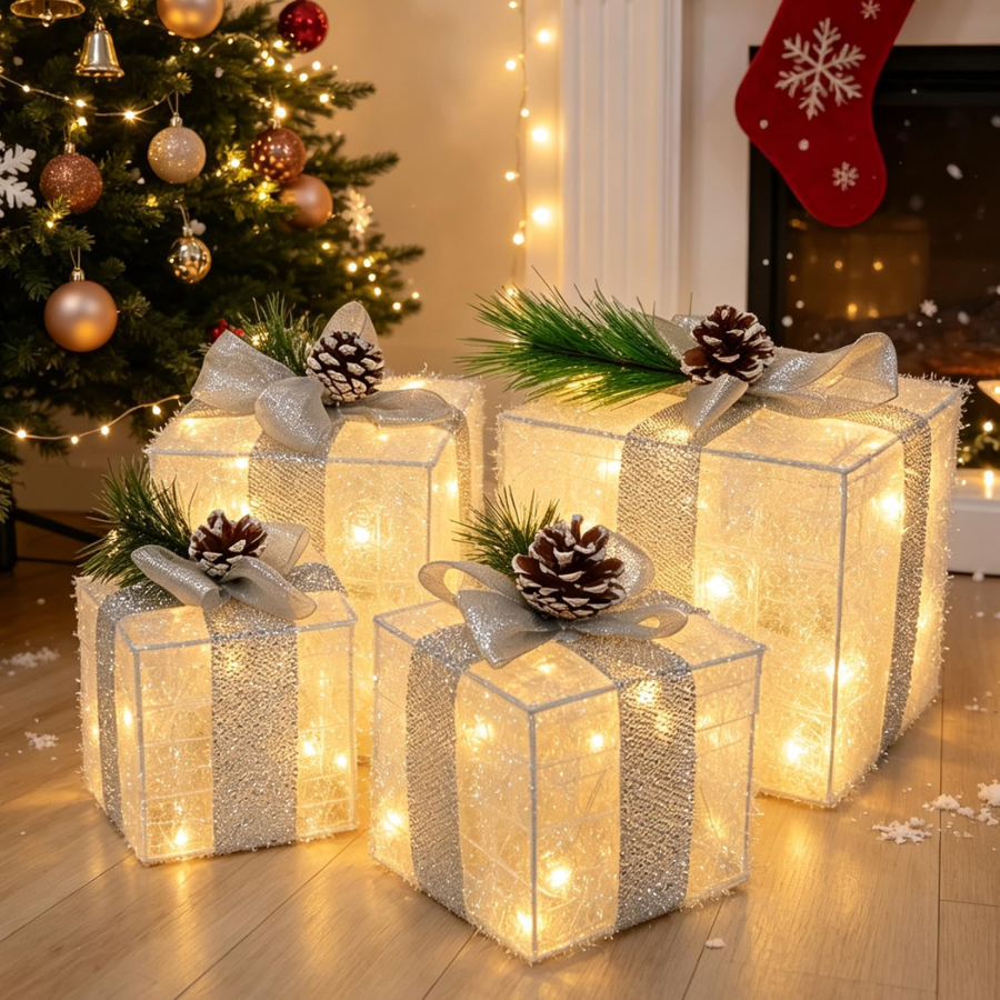 Set Of 4 Christmas Lighted Gift Boxes Warm White 70 LED Pre-lit