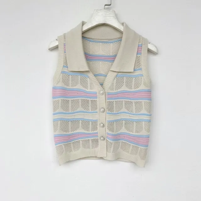 Heavy Jacquard Lapel Knitted Vest Top Apricot - Shop at LoveMi
