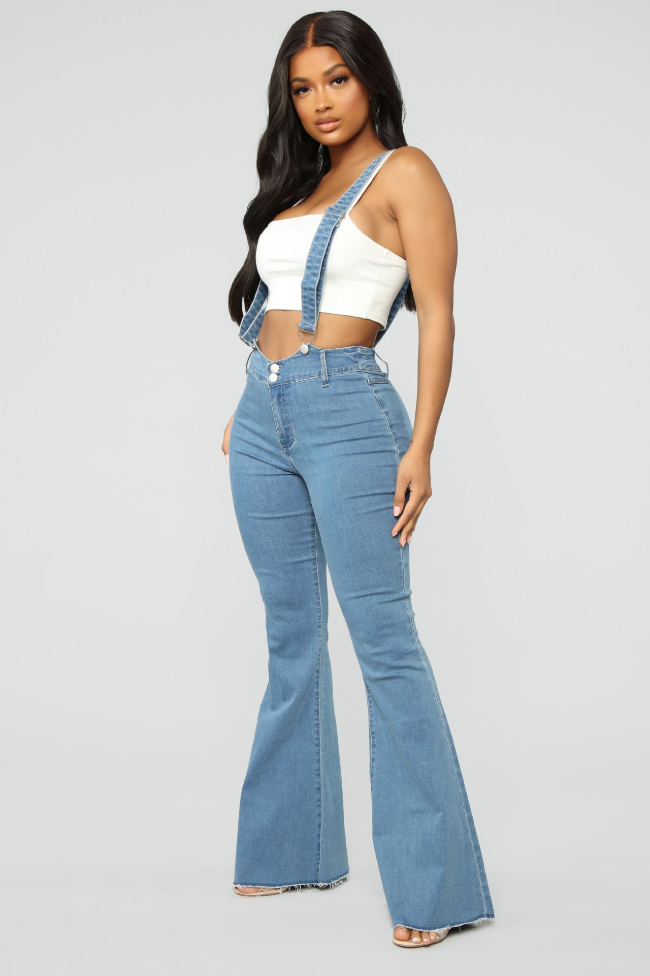 Ladies Denim Fashion Suspender Trousers Slim Fit Overalls Light Blue - Shop at LoveMi