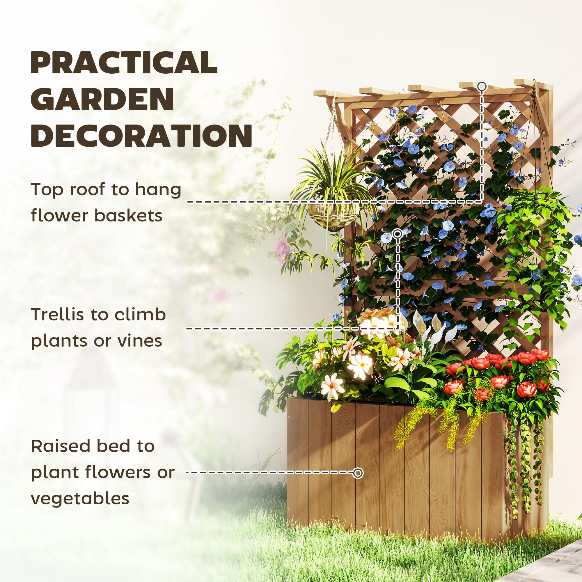Wooden Flower Pot With Rack, Independent Elevated Garden Bed Drainage Holes — image 9