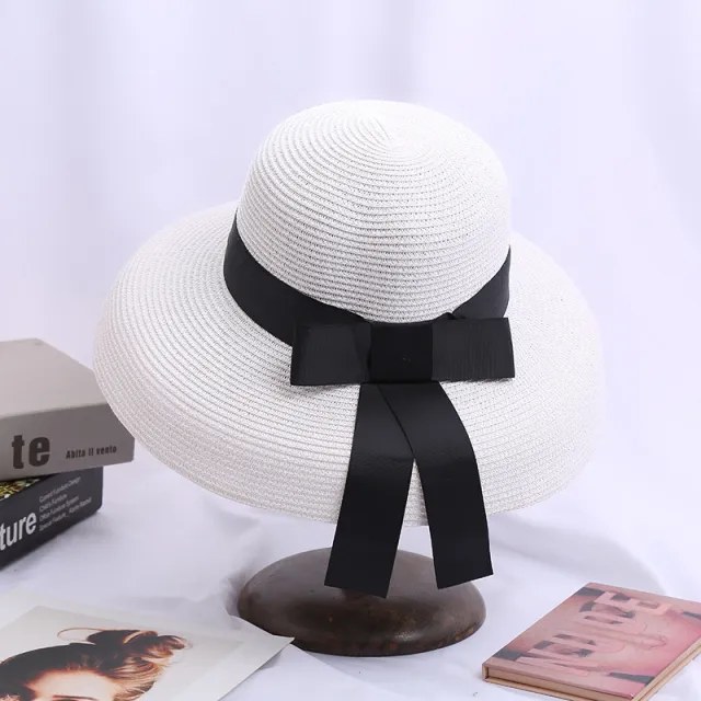 Ladies Sunscreen Sunshade Hepburn Elegant Bow Straw Hat White - Shop at LoveMi