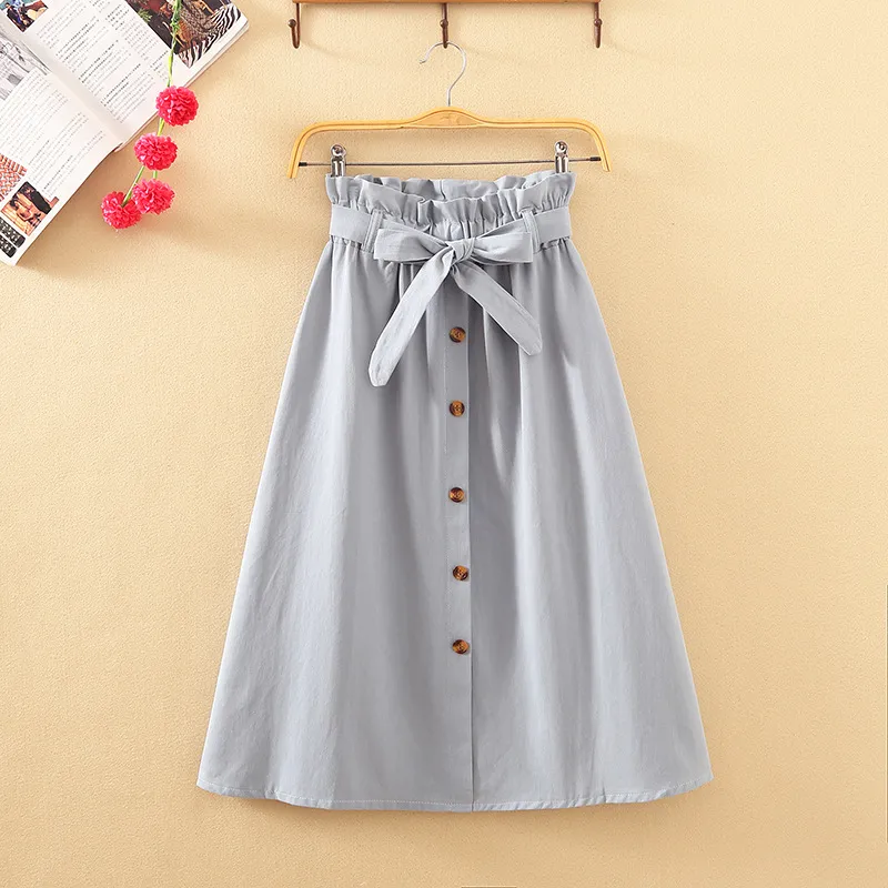 Literary Long Bud High Waist Single-breasted A-line Over-the-Knee Skirt - Blue