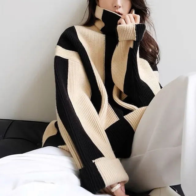 High Collar Sweater Black And White Stripe Soft Waxy Girl Black - Shop at LoveMi