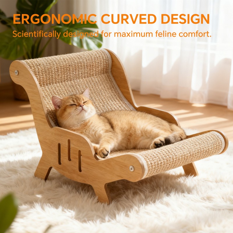 Adjustable Angle Sisal Cat Scratcher Lounge Chair, Wooden Frame,Sisal Scratching Surface, Multi-Angle 2-in-1 Scratching - Lounging