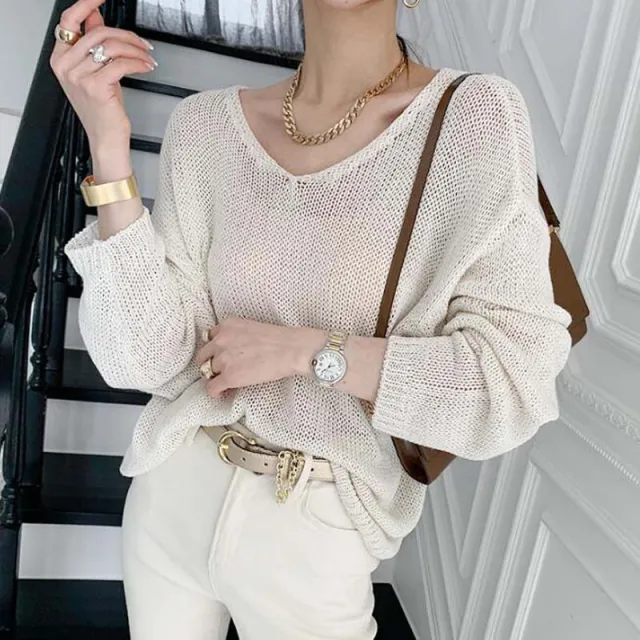 Hollow Ice Silk Lazy Style V neck Thin Sweater - Shop at LoveMi
