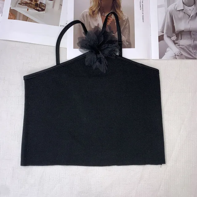 Hanging Neck Unique Knitted Tank Top Flower Bra Top Black - Shop at LoveMi