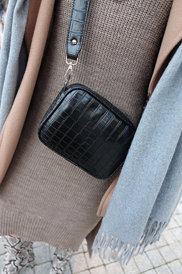 Black Croc Embossed Crossbody Bag For Women