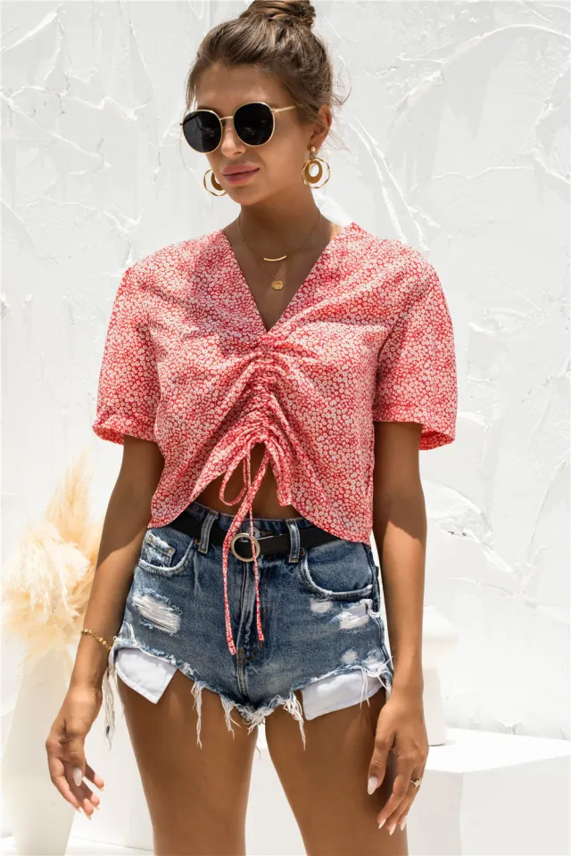 V Neck Floral Drawstring Top Red - Shop at LoveMi