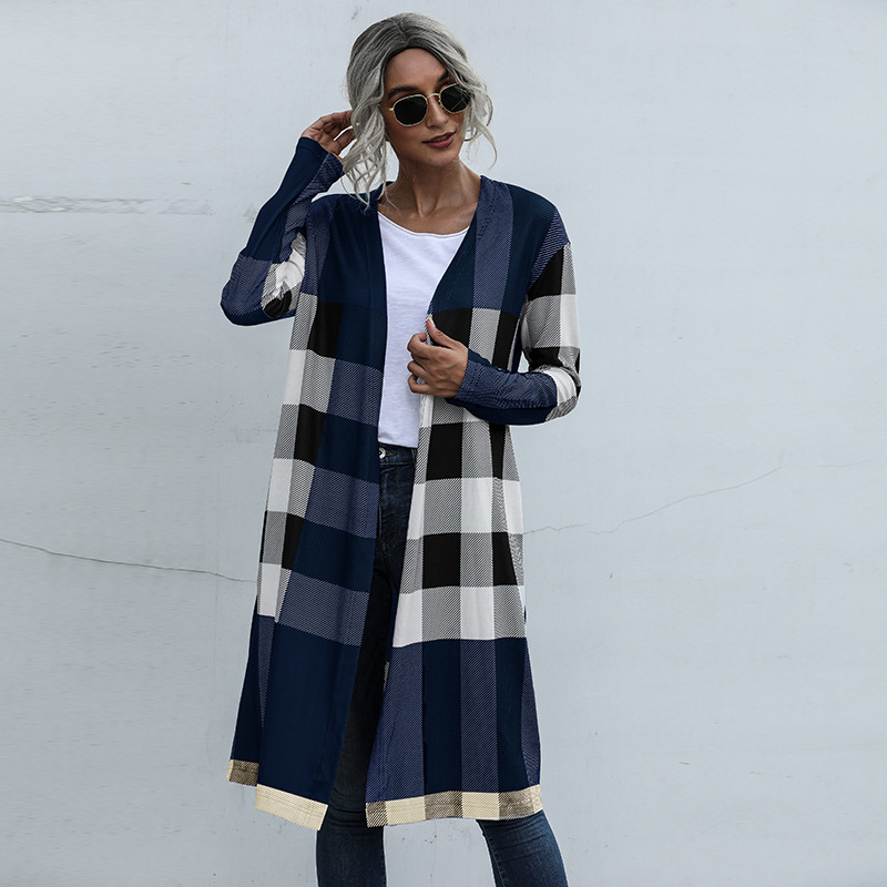 Autumn Plaid Fashion Unbuttoned Straight Cardigan Jacket Women Navy - Shop at LoveMi