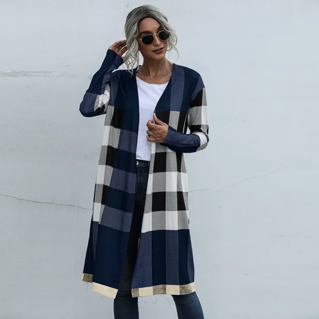 Autumn Plaid Fashion Unbuttoned Straight Cardigan Jacket Women Blue - Shop at LoveMi