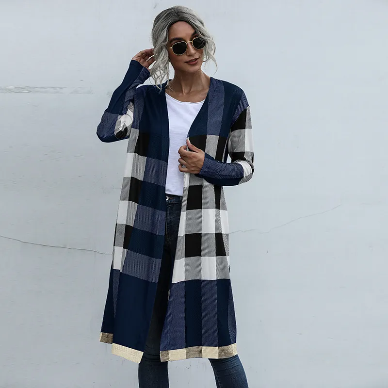 Autumn Plaid Fashion Unbuttoned Straight Cardigan Jacket Women - Blue