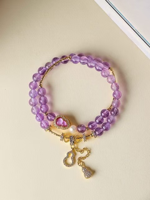 Natural Amethyst  Pearl Bracelet Gourd Fu Lu Two Tone Beaded Chain Wealth Energy Jewelry For Women