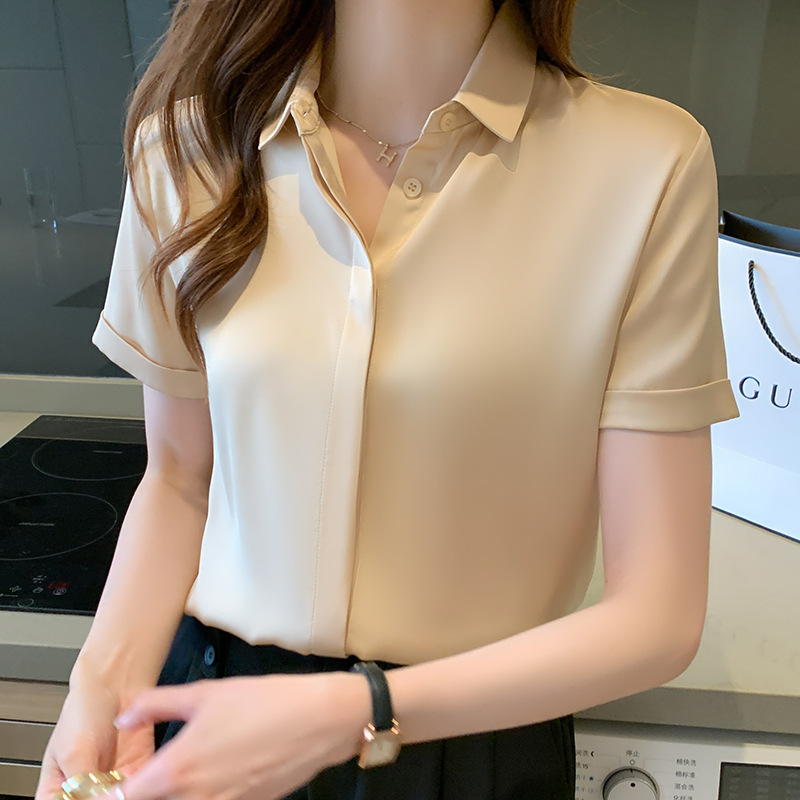 Women's Elegant Solid Color Satin Short Sleeve Shirt