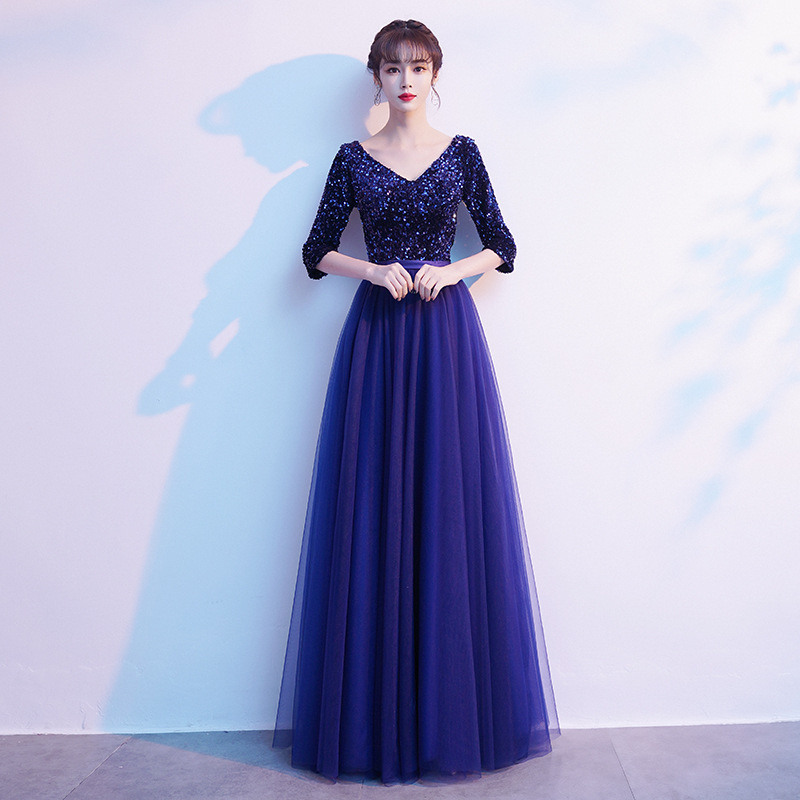 V-Neck Seven-Point Sleeve Evening Dress, picture 3 of 7