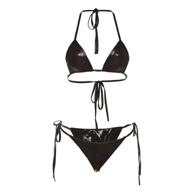 Hanging Neck Lace up Reflective Bikini Two piece Black - Shop at LoveMi