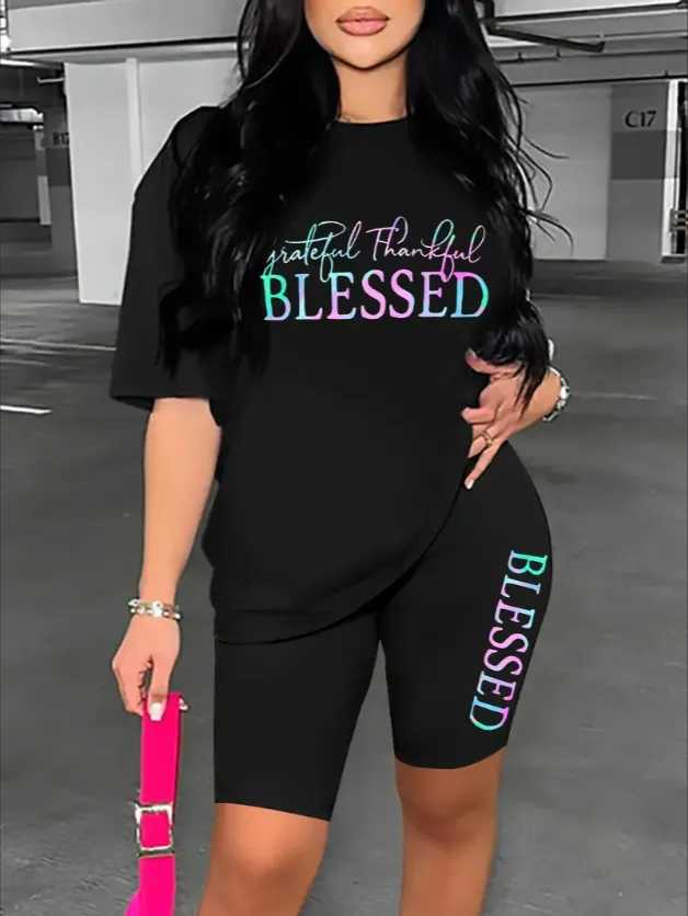 Two Piece Set, Drop Shoulder Letter Print Short Sleeve T shirt & Short Leggings, Women's Clothing Black - Shop at LoveMi