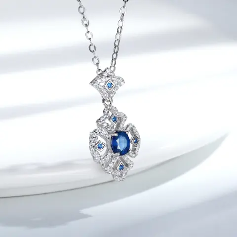 S925 Silver Retro Pattern Necklace Women's Versatile Natural Sapphire