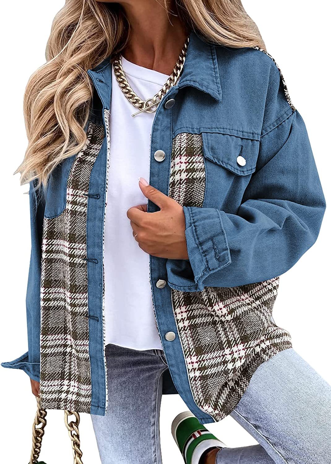 Denim Jacket Long Sleeve Plaid Button Down Shirt Blue - Shop at LoveMi
