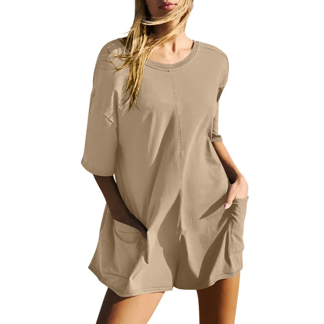 Casual Loose Short sleeved Jumpsuit With Pockets New Crew Neck Shorts Overall Pants Summer Womens Clothing Khaki - Shop at LoveMi