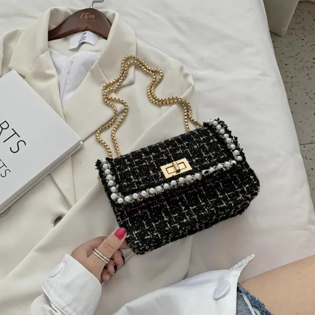 New Fashion Woolen Cloth Chain Bag Western Style One shoulder Diagonal Bag Black - Shop at LoveMi