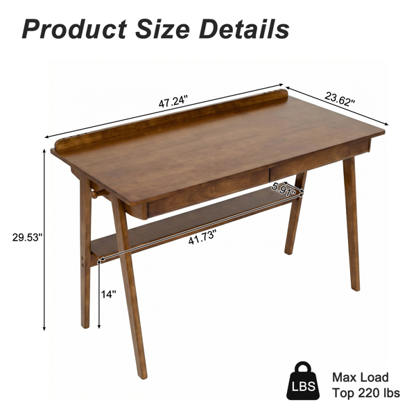 Solid Wood Writing Desk, Home Office Desk For Small Spaces, Mid Century Modern Desks With 2 Drawers & Storage Shelf, Standing Desk With Side Hooks For Study, Bedroom, Office  Walnut — foto 7
