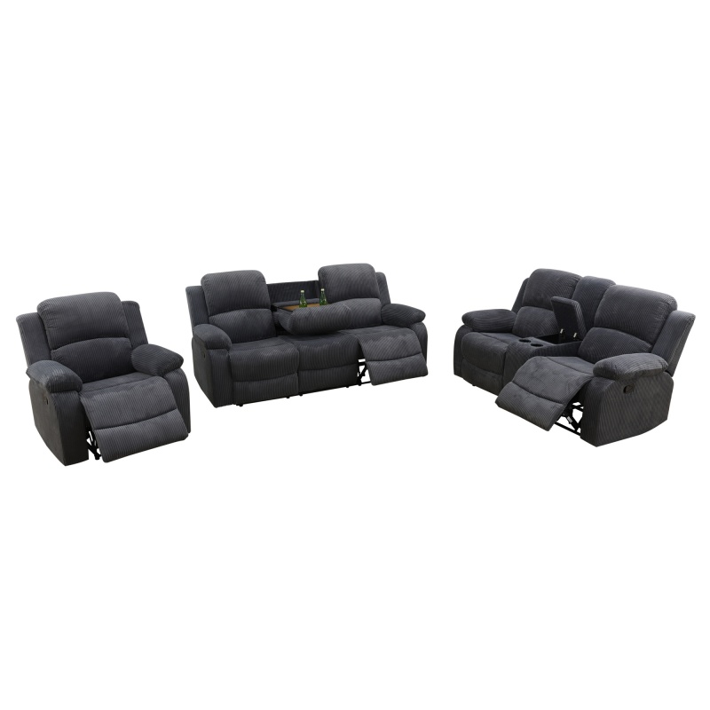 Pickup Only--Dark Grey Corduroy 3-Piece Living Room Recliner Sofa