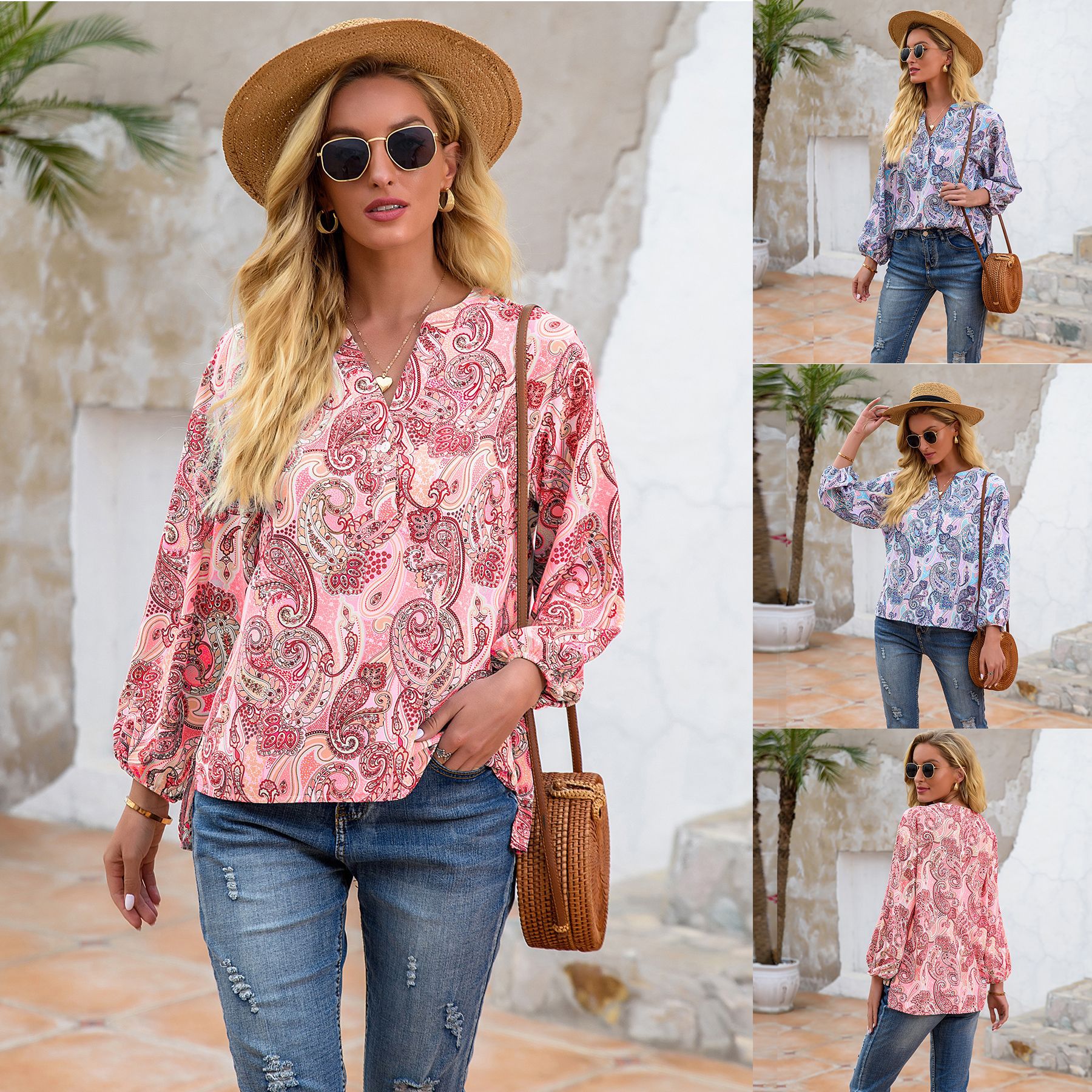 Women's Fashion Personality Printed V-neck Long-sleeved T-shirt