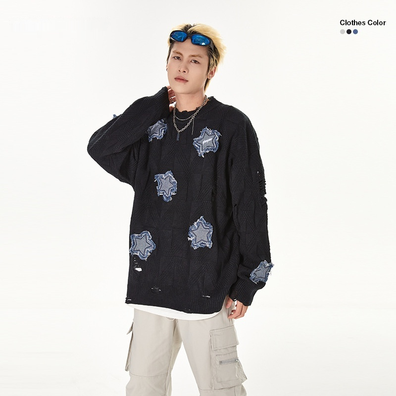 Street Ripped XINGX Patch Embroidered Sweater Soft Glutinous Round Neck Loose Sweater