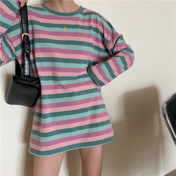 Title 4, Versatile Rainbow Stripe loose bottoming long s...