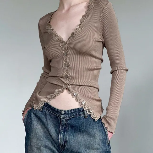 Lace Spliced Ribbed Slim Long Sleeve T shirt Khaki - Shop at LoveMi