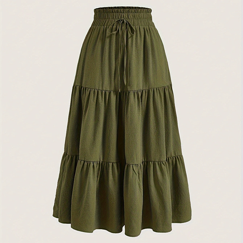 Women's Solid Color High Waist Knot Detail Flowy Pleated Midi Skirt Elegant A Line Skirt For Spring Summer Army Green - Shop at LoveMi