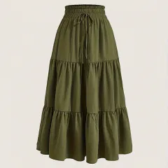 Women's Solid Color High-Waist Knot Detail Flowy Pleated Midi Skirt - Elegant A-Line Skirt For Spring Summer - Army Green - View 1