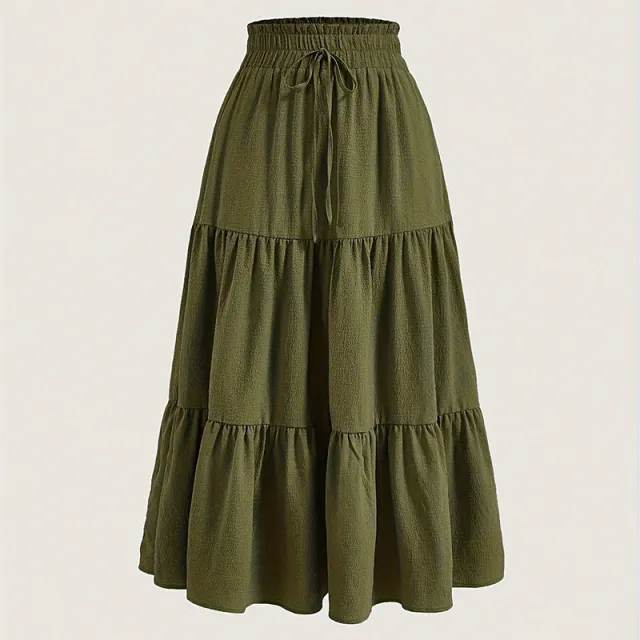 Women's Solid Color High Waist Knot Detail Flowy Pleated Midi Skirt Elegant A Line Skirt For Spring Summer Army Green - Shop at LoveMi
