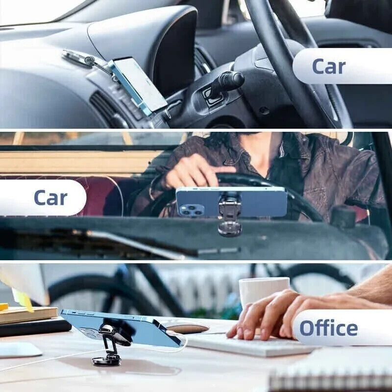 Magnetic Car Phone Holder - Dashboard Mount. With a 360-degree adjustable swivel and foldable bracket, you can rotate your smartphone or device at your own will, providing the best viewing angle. Folding Magnetic Bracket: Paste on the curved surface, stab