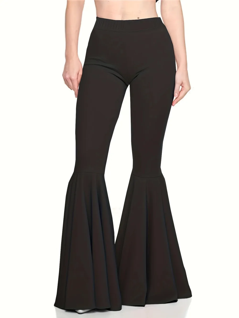 Women Knit High Waist Flared Bell Bottom Pants Solid