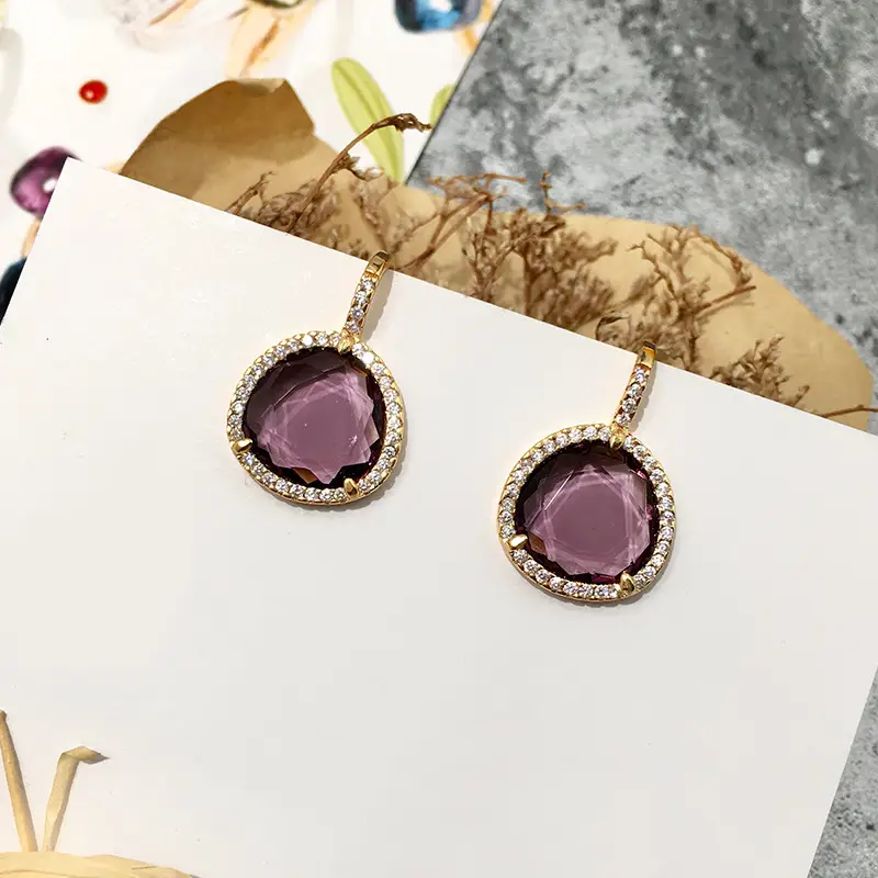 Color Stone Crystal Triangle Eight Color Stone Earrings Copper Micro Inlay