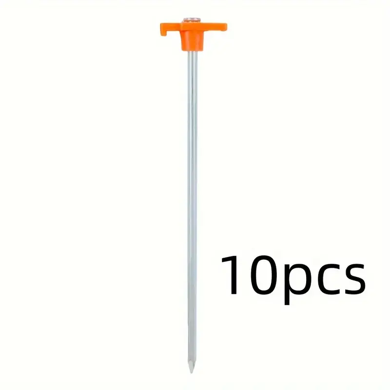 Ten heavy-duty metal tent spikes with bright orange T-shaped handles, designed for hard ground