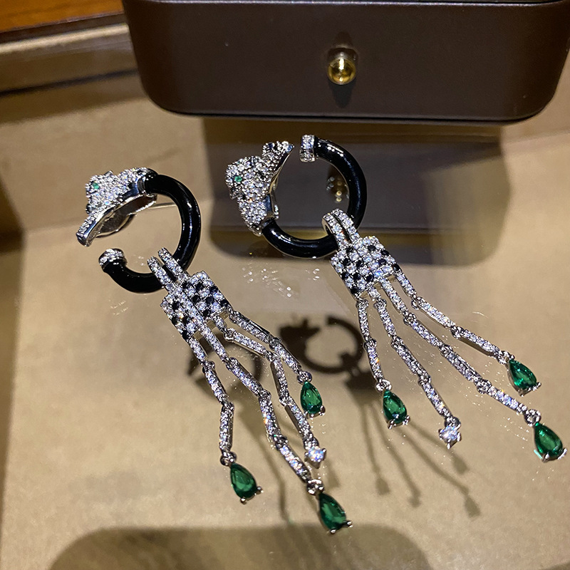 Title 6, Black Leopard Green Diamond Tassel Earrings for...