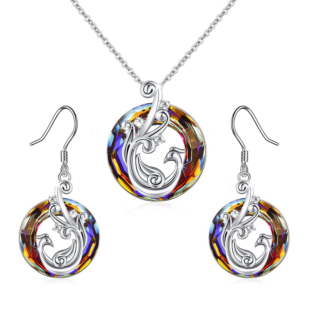 New Color Crystal Phoenix Rebirth Flame Earring Necklace