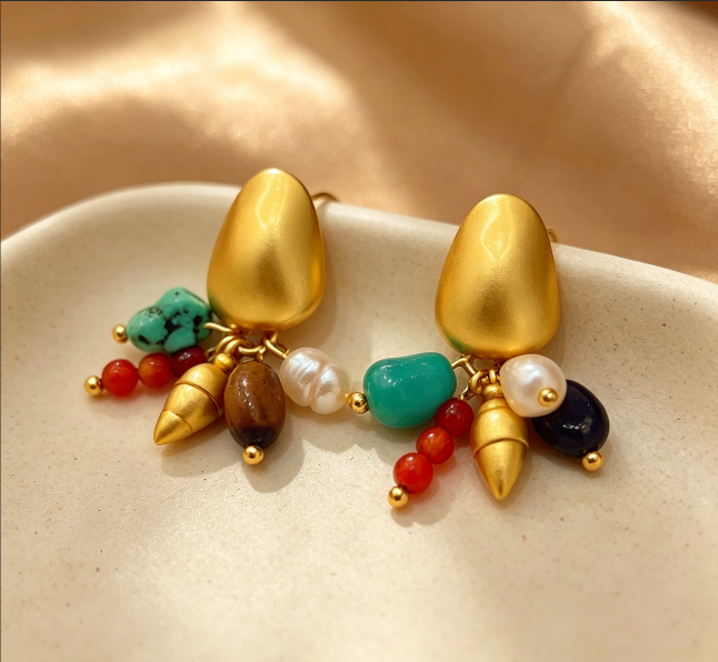 Bohemian Matte Gold Dangle Earrings, Natural Turquoise & Freshwater Pearl Multicolor Bead Drop Earri view